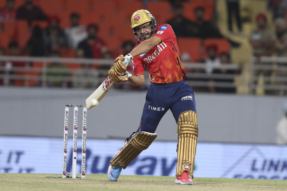 Punjab Kings' Ashutosh Sharma plays a shot during the Indian Premier League cricket match between Sunrisers Hyderabad's and Punjab Kings in Mohali, India, Tuesday, April . 9, 2024.(AP Photo/Surjeet Yadav)