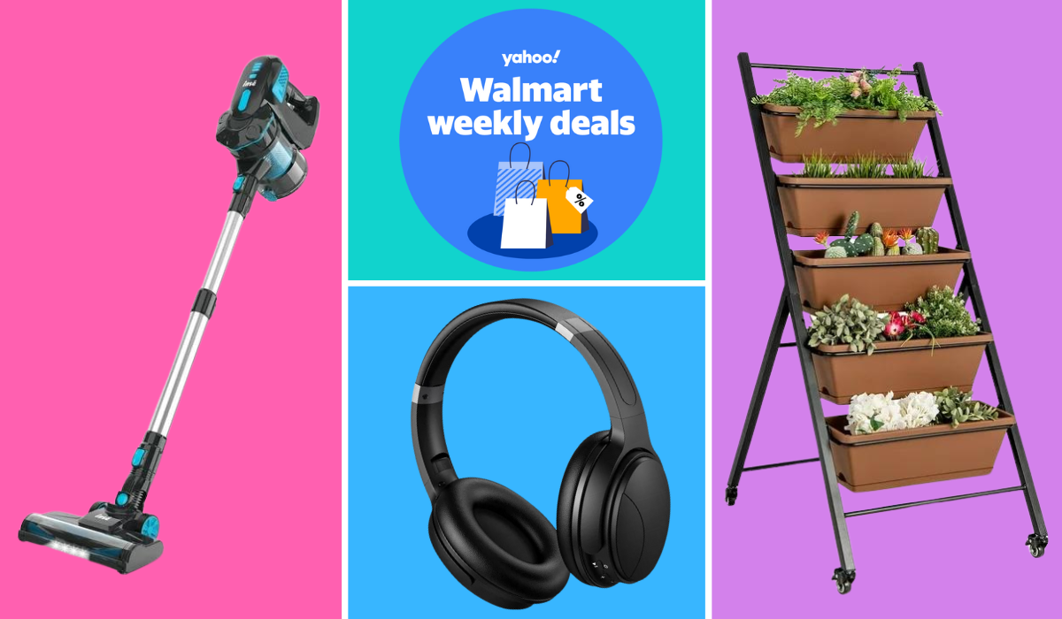 A stick vacuum, over-ear headphones and vertical garden planters, along with a badge with the Yahoo logo that says: Walmart weekend deals.