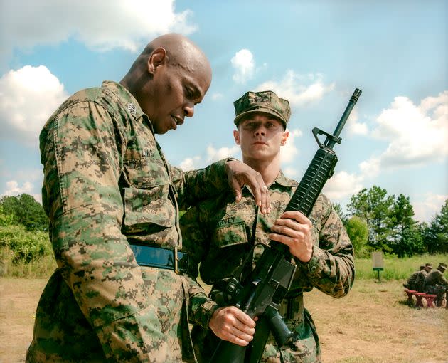 Drill sergeant Laws (Woodbine) often trains his Marine recruits by intimidation in 