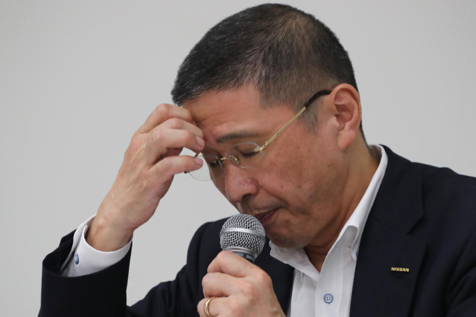 Nissan Chief Executive Hiroto Saikawa gestures during a press conference in the automaker's headquarters in Yokohama, near Tokyo, Monday, Sept. 9, 2019. Saikawa tendered his resignation Monday after acknowledging that he had received dubious income and vowed to pass the leadership of the Japanese automaker to a new generation. (AP Photo/Koji Sasahara)