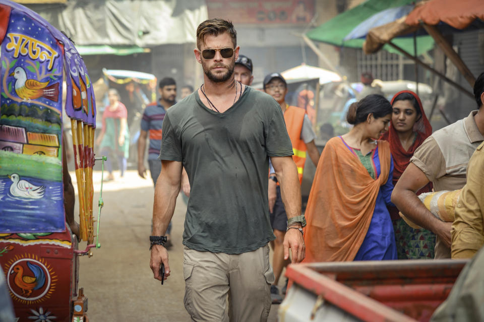 This image released by Netflix shows Chris Hemsworth in a scene from "Extraction," premiering this week on Netflix. (Jasin Boland/Netflix via AP)