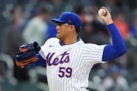 New York Mets pitcher Sean Manaea (59) throws during the first inning of a baseball game against the Chicago Cubs, Tuesday, April 30, 2024, in New York. (AP Photo/Julia Nikhinson)