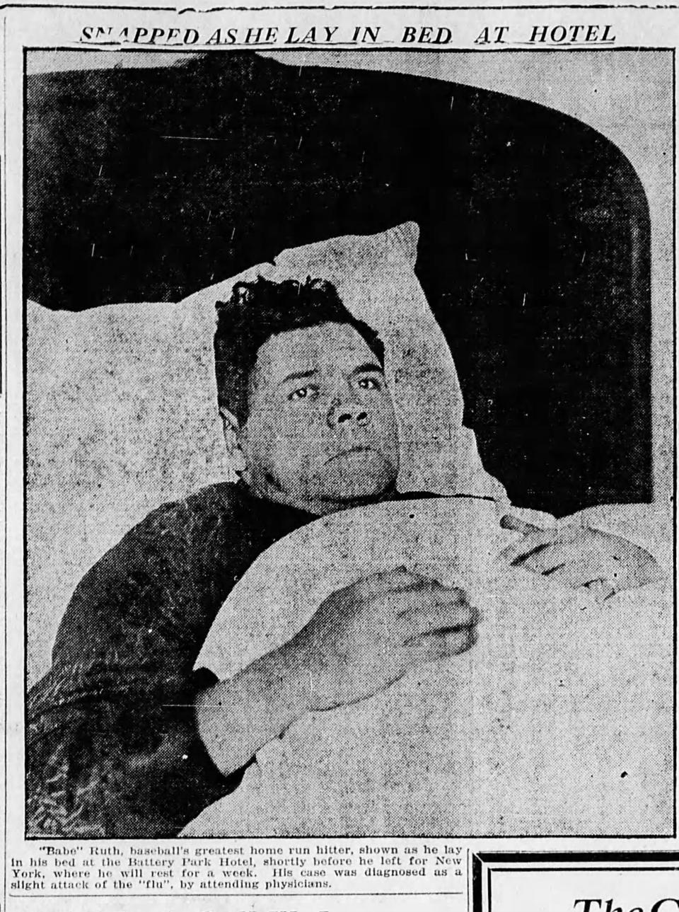 Babe Ruth is pictured in bed at Battery Park Hotel in Asheville in this image published April 9, 1925, in the Asheville Citizen.