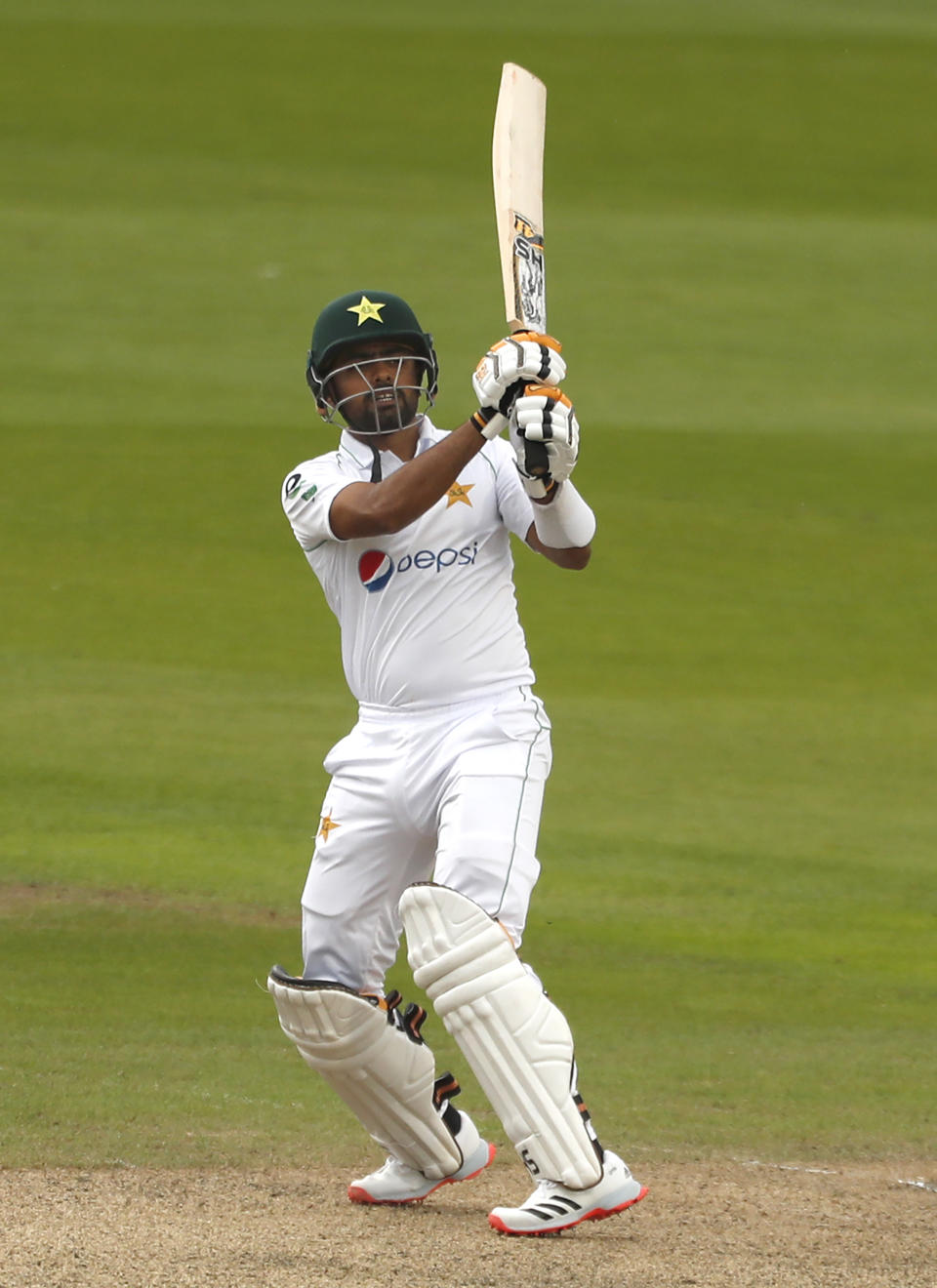 Pakistan's Babar Azam bats during the first day of the first cricket Test match between England and Pakistan at Old Trafford in Manchester, England, Wednesday, Aug. 5, 2020. (Lee Smith/Pool via AP)