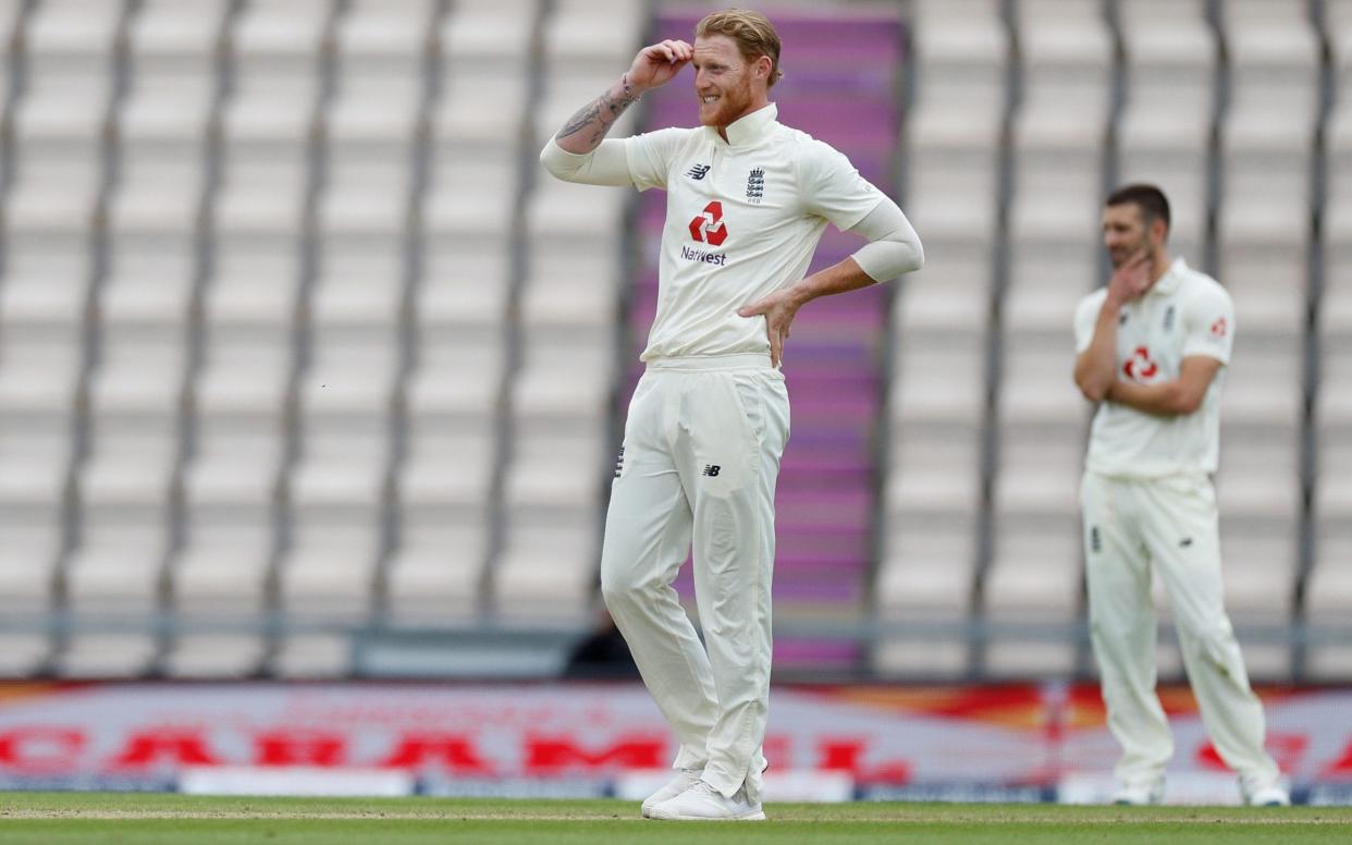 Rose Bowl Cricket Stadium, Southampton, Britain - July 9, 2020 England's Ben Stokes reacts, as play resumes behind closed doors following the outbreak of the coronavirus disease - Adrian Dennis/Pool via REUTERS