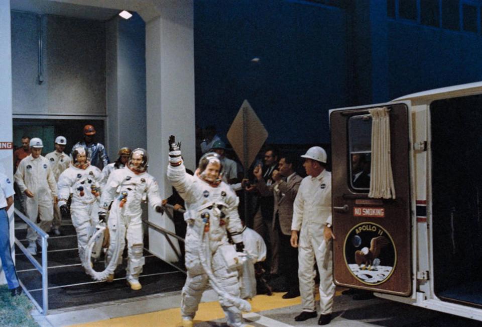 <p>Apollo 11 astronauts (left to right) Aldrin, Collins, and Armstrong leaving crew quarters to enter the Astrovan for the ride to Launch Pad 39A.</p>