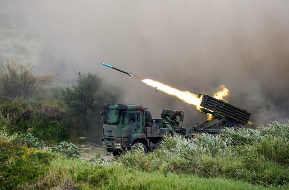 Photo shows a rocket launcher firing munitions during military exercise in Taiwan.