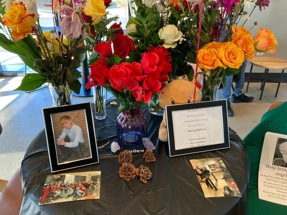 Employees at the Hare's Corner Starbucks set up a memorial for Matthew Spampinato, a former employee who was killed in a hit-and-run on Feb. 9, 2022.