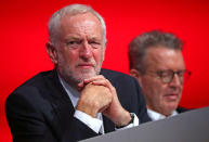 Britain's Labour Party Leader Jeremy Corbyn and Deputy Leader of the Labour Party Tom Watson sit together on stage at the annual Labour Party Conference in Liverpool, Britain, September 23, 2018. REUTERS/Hannah McKay