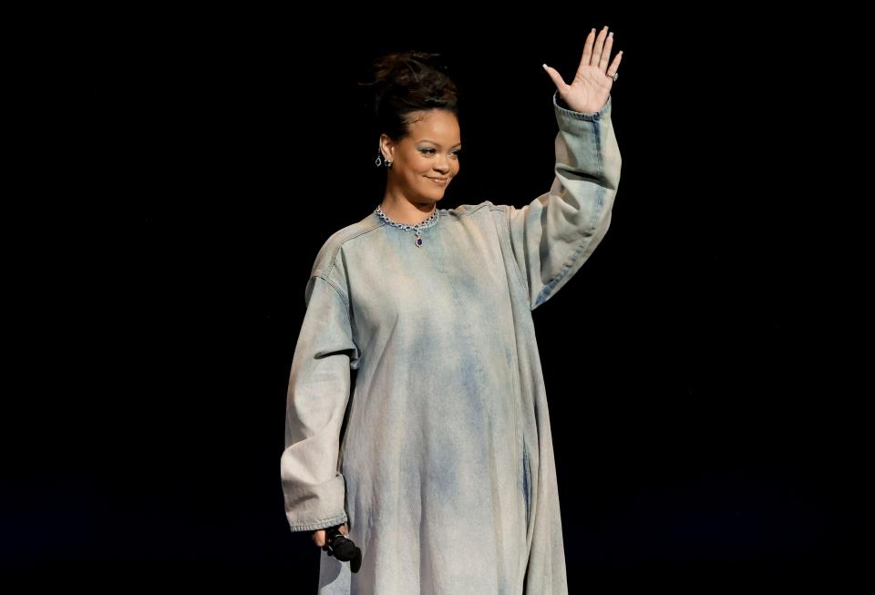 Surprise! Rihanna promotes the upcoming "Smurfs" movie at CinemaCon in Las Vegas.