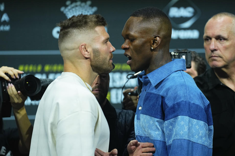 PERTH, AUSTRALIA – AUGUST 16: (LR) Opponents Dricus Du Plessis of South Africa and Israel Adesanya of Nigeria face off during the UFC 305 press conference at RAC Arena on August 16, 2024 in Perth, Australia. (Photo by Jeff Bottari/Zuffa LLC)