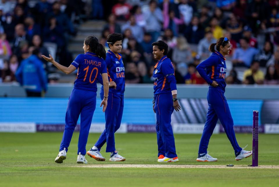 Deepti Sharma, centre right, and India celebrate victory (Steven Paston/PA) (PA Wire)