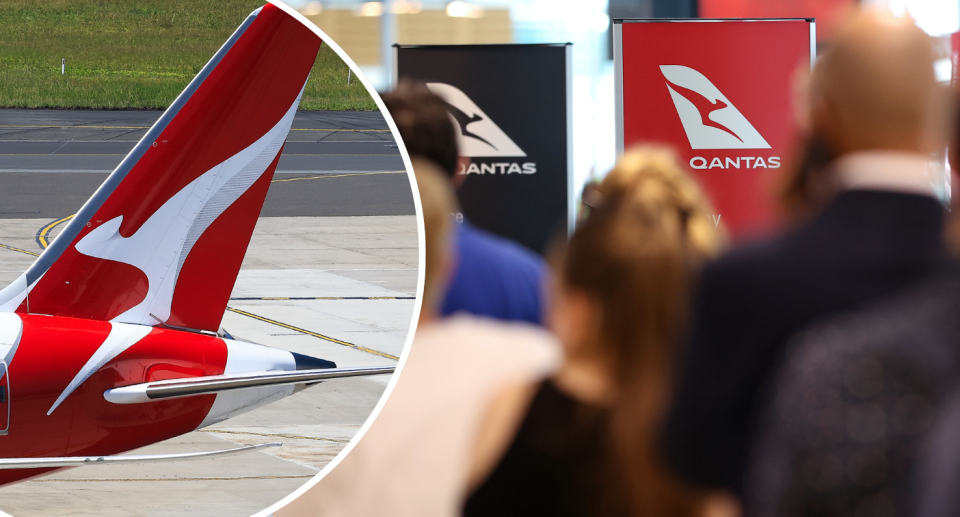 Insert of Qantas tail next to passengers lining up for Qantas check in