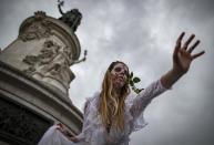 <p>People in costume take part in a walk for World Zombie Day 2017, on Place de la République in Paris, France, Oct. 7, 2017. (Photo: EFE/EPA/IAN LANGSDON) </p>