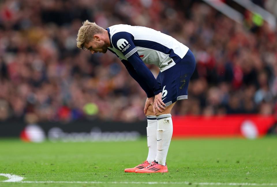 <strong>Timo Werner of Tottenham reacts after missing easy chances against Manchester United. (Photo by Carl Recine/Getty Images)</strong>