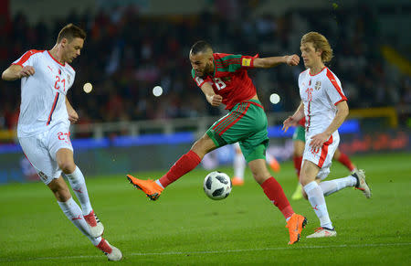 Soccer Football - International Friendly - Serbia vs Morocco - Stadio Olimpico Grande Torino, Turin, Italy - March 23, 2018 Morocco's Khalid Boutaib in action with Serbia's Dusan Basta and Nemanja Matic REUTERS/Massimo Pinca