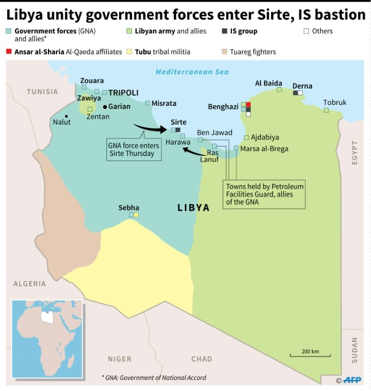 Libyan pro-government forces fire rockets targeting IS group positions in Sirte on July 18, 2016