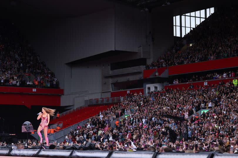 Taylor Swift performing at Anfield Stadium in Liverpool