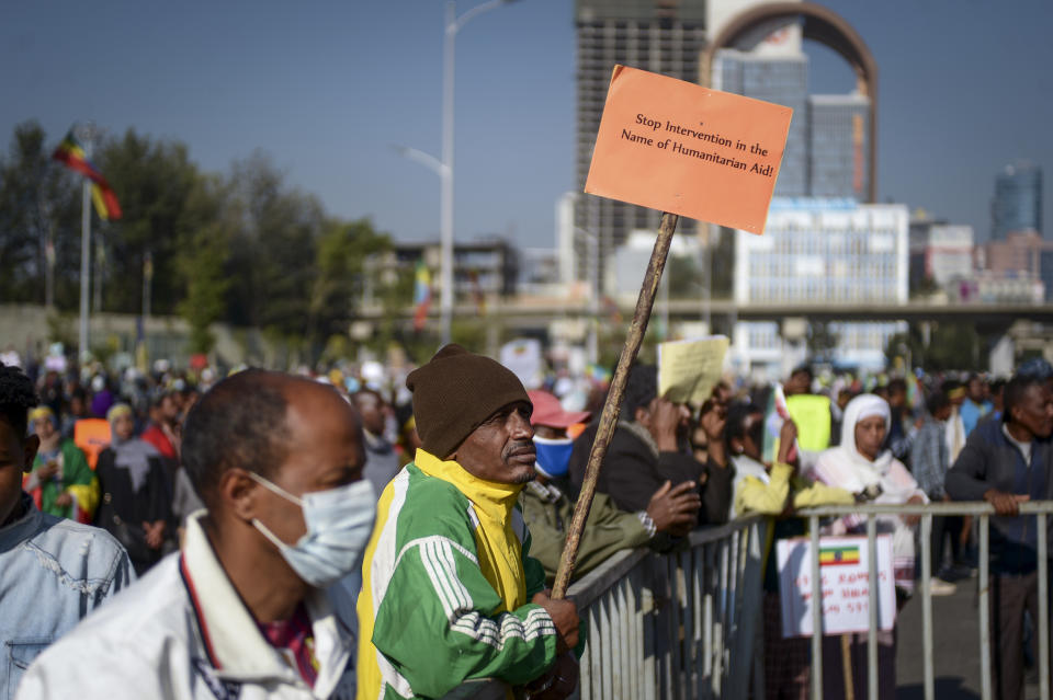 Ethiopians protest against what they say is interference by outsiders in the country's internal affairs and against the Tigray People's Liberation Front (TPLF), the party of Tigray's fugitive leaders, at a rally organized by the city administration in the capital Addis Ababa, Ethiopia Saturday, Oct. 22, 2022. The demonstrations were staged ahead of the expected start of peace talks in South Africa next week between the warring parties, with the U.S. saying Friday it supports the African Union's efforts to mediate talks to stop fighting in Tigray. (AP Photo)