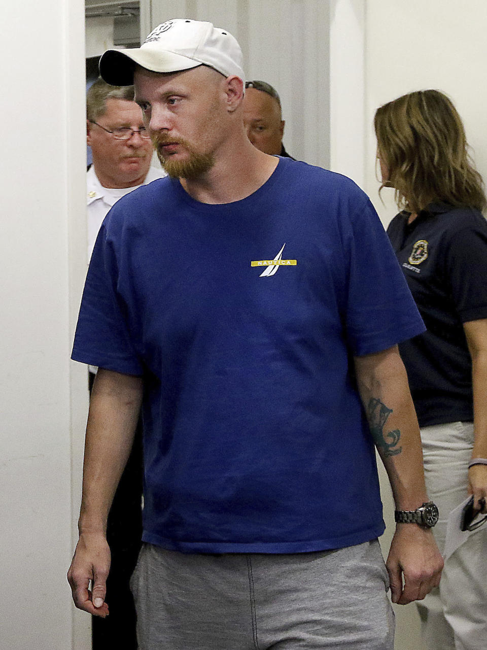 Ian Ritch walks in for a press conference Wednesday, Sept. 26, 2018, in Gastonia, N.C., about his 6-year-old son Maddox Ritch who disappeared while they were visiting Rankin Lake Park near downtown Gastonia, Saturday, Sept. 22, 2018. (John Clark /The Gaston Gazette via AP)