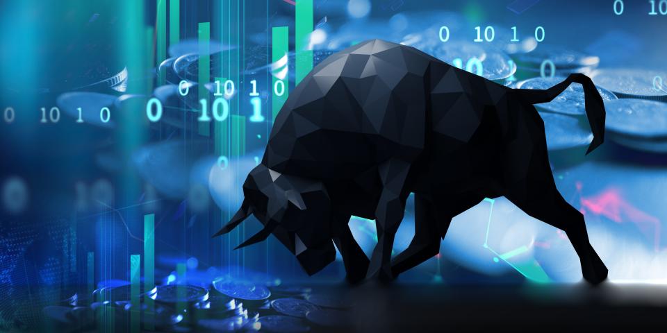 silhouette form of bull on financial stock market graph represent stock market rising or uptrend investment 3d illustration