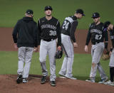 Colorado Rockies starting pitcher Ryan Castellani (38) is removed by manager Bud Black, left, during the fifth inning against the San Francisco Giants in a baseball game Wednesday, Sept. 23, 2020, in San Francisco. (AP Photo/Tony Avelar)