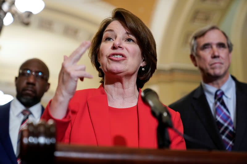 FILE PHOTO: Senator Amy Klobuchar (D-MN) speaks to the media in Washington