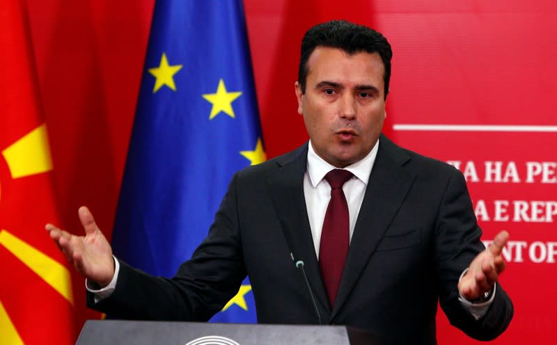 Macedonian PM Zaev addresses the press during a news conference in Skopje
