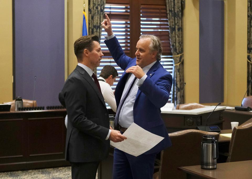 Sen. Adam Pugh, left, and Senate Pro Tem Greg Treat speak before the Senate appropriations meeting during the first day of the Legislative Special Session at the Oklahoma Capitol Tuesday, Oct. 3, 2023.