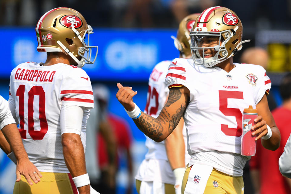 The 49ers used both Jimmy Garoppolo (10) and Trey Lance (5) on the first series of their preseason finale. (Photo by Brian Rothmuller/Icon Sportswire via Getty Images)