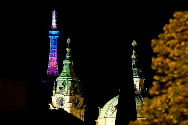 PHOTO: Petrin Lookout Tower is lit in British colors to express grief over Queen Elizabeth's death, in Prague, Czech Republic, Sept. 8, 2022. (Rihova Michaela/CTK via AP)