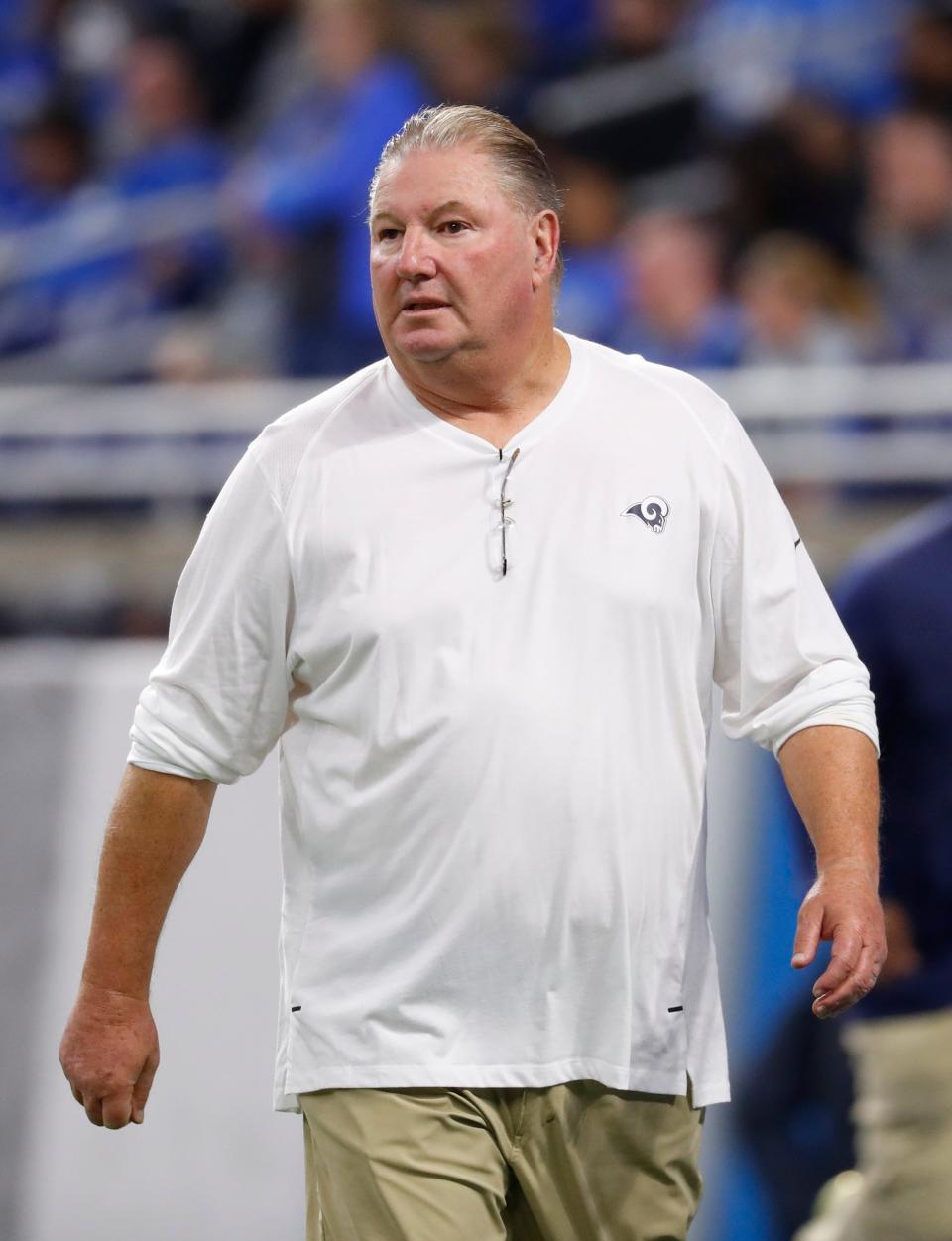 Former Los Angeles Rams defensive line coach Bill Johnson watches during a game against the Detroit Lions on Dec. 2, 2018.