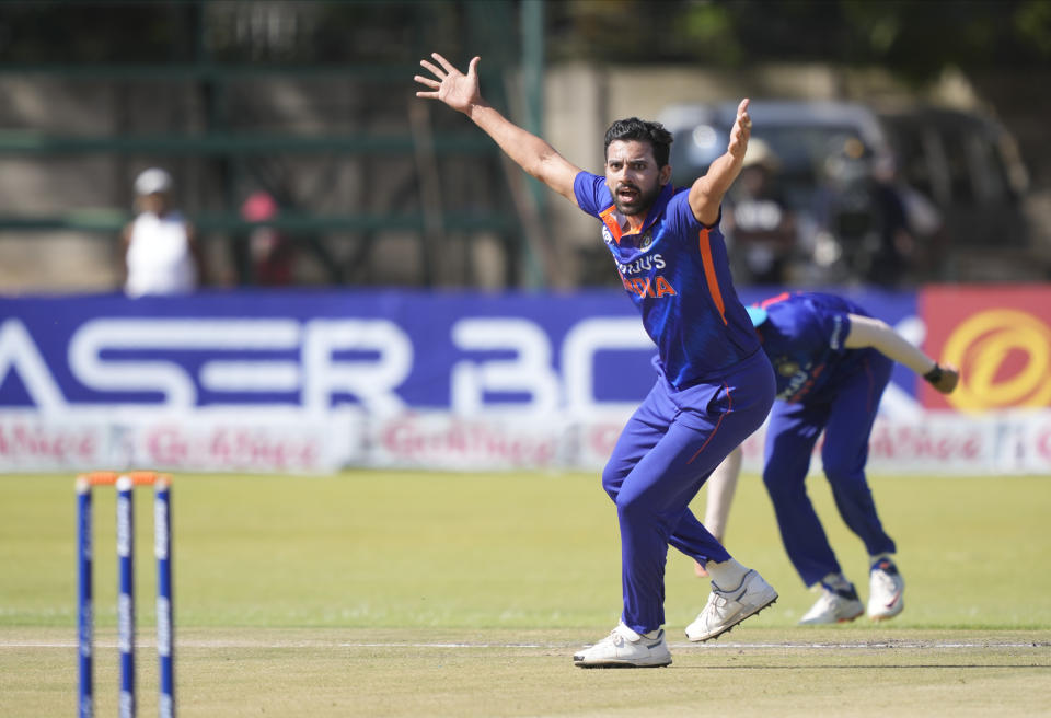 Indian player Deepak Hooda appeals for a wicket on the first day of the One-Day International cricket match between Zimbabwe and India at Harare Sports Club in Harare, Zimbabwe, Thursday, Aug, 18, 2022. (AP Photo/Tsvangirayi Mukwazhi)