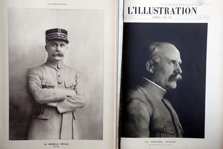Portraits of French General Philippe Petain, published in the French newspaper ''L'Illustration" on August 4, 1917 (L) and May 5, 1917 (R), are seen in this picture illustration taken November 8, 2018. REUTERS/Charles Platiau/Illustration