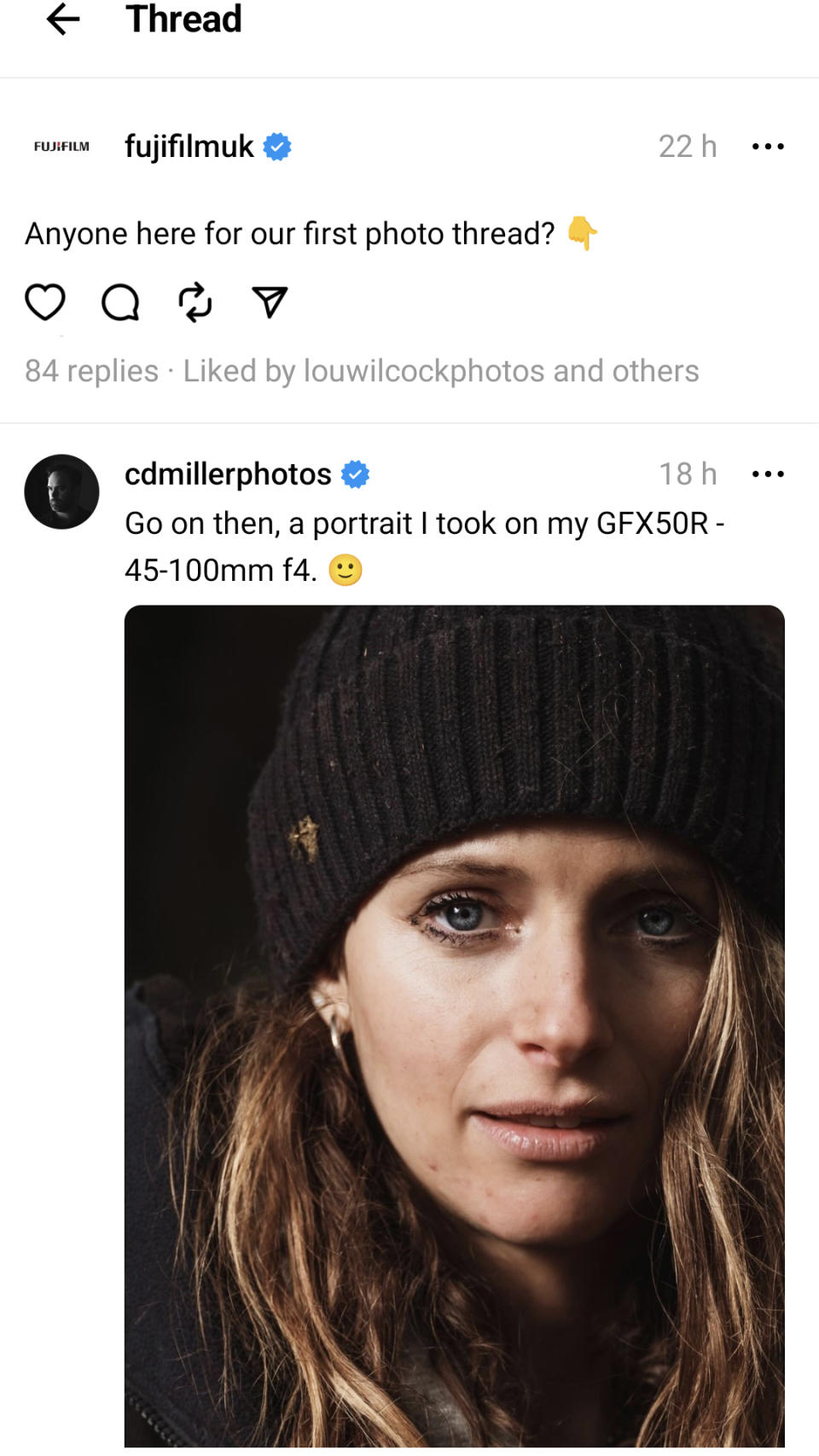 Threads app UI showing Fujifilm's first Thread, encouraging users to share their photos