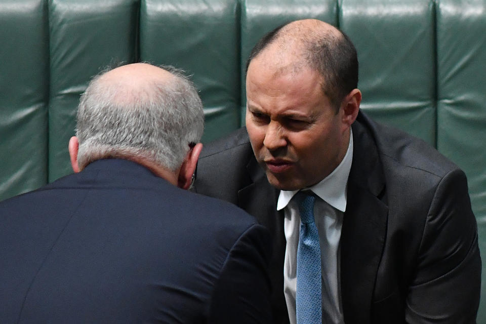 CANBERRA, AUSTRALIA - JUNE 18: Prime Minister Scott Morrison and Treasurer Josh Frydenberg during Question Time in the House of Representatives at Parliament House, on June 18, 2020 in Canberra, Australia. The Australian Bureau of Statistics has released the Labour force figures in Australia for May 2020. Australia's unemployment rate jumped to 7.1 percent in May from 6.4 percent in April, with the Bureau of Statistics estimating a further 227,700 jobs were lost last month.  (Photo by Sam Mooy/Getty Images)