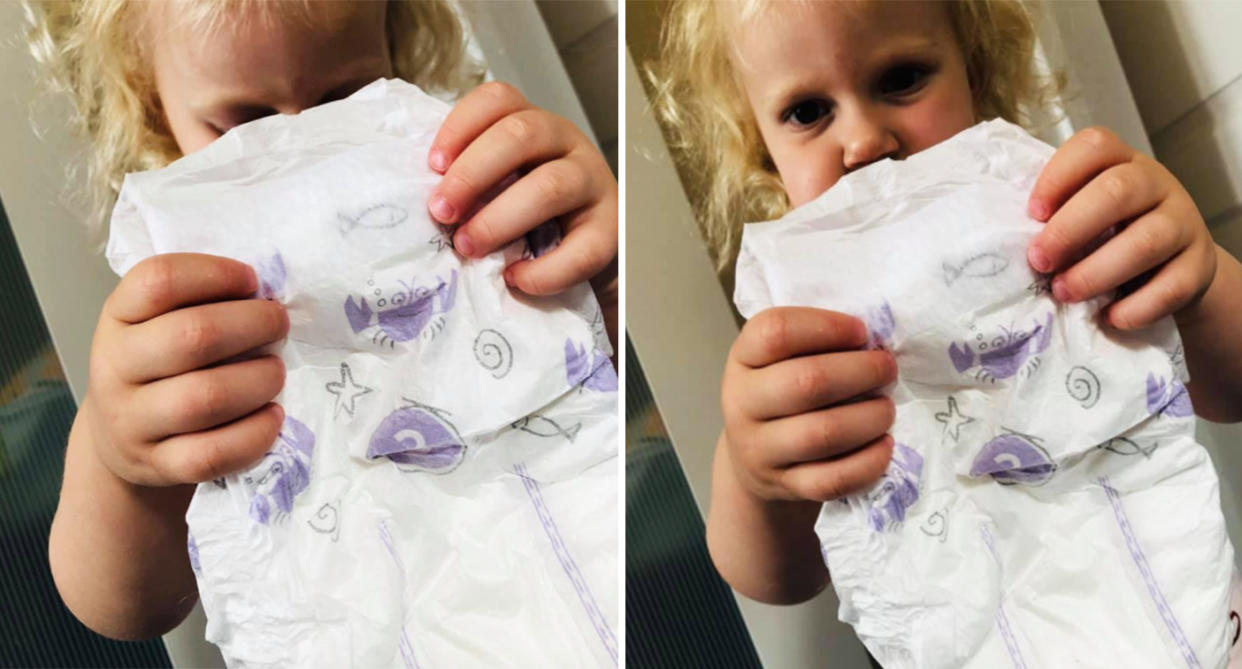 A mum has gone online to reveal her embarrassment at the crab design on her daughter's nappies [Photo: Facebook/Fran Harvey]