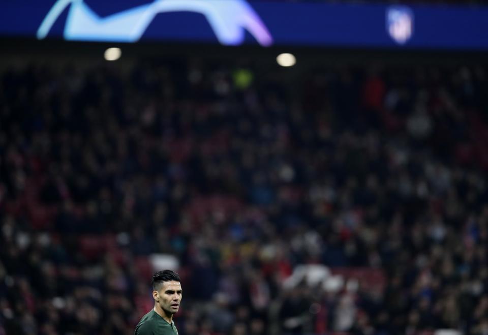 Monaco forwarder Radamel Falcao reacts during a Group A Champions League soccer match between Atletico Madrid and Monaco at the Metropolitano stadium in Madrid, Wednesday, Nov. 28, 2018. (AP Photo/Manu Fernandez)