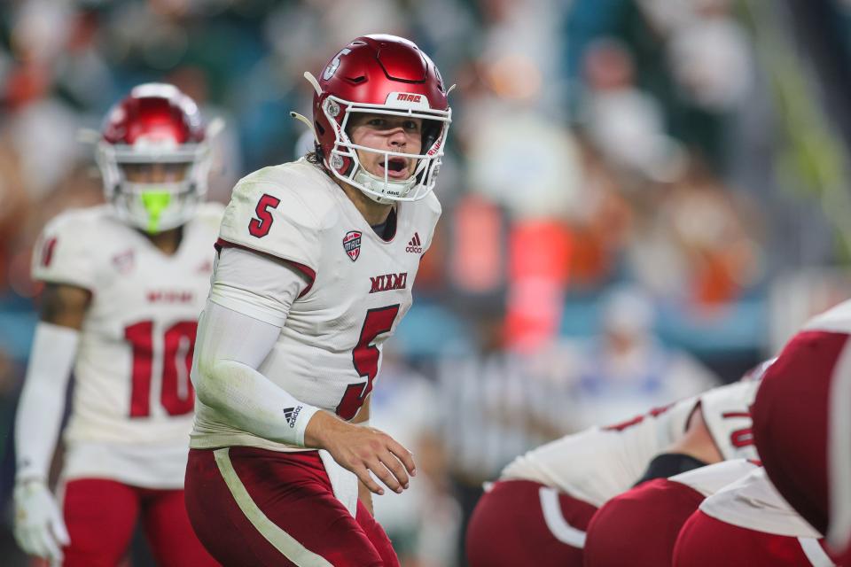 Sep 1, 2023; Miami Gardens, Florida, USA; Miami Redhawks quarterback Brett Gabbert (5) reacts prior to a play against the Miami Hurricanes during the third quarter at Hard Rock Stadium. Mandatory Credit: Sam Navarro-USA TODAY Sports