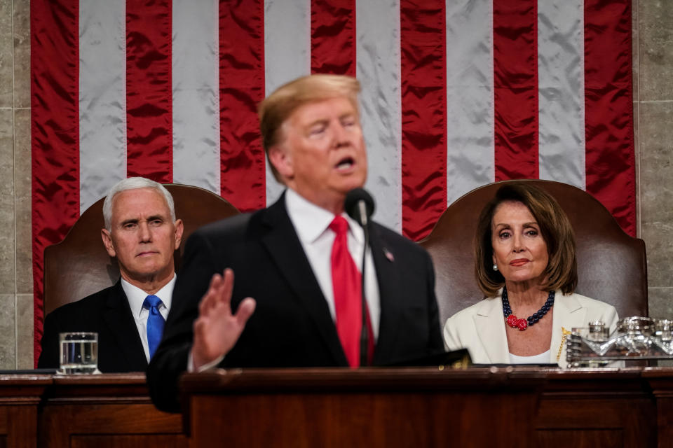 FEBRUARY 5, 2019 - WASHINGTON, DC: President Donald Trump delivered the State of the Union address, with Vice President Mike Pence and Speaker of the House Nancy Pelosi, at the Capitol in Washington, DC on February 5, 2019. Doug Mills/Pool via REUTERS