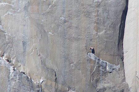 Climber Kevin Jorgeson looks up from Pitch 18 on the Dawn Wall of the El Capitan rock formation in Yosemite National Park, California in this January 12, 2015 handout photo released to Reuters January 13, 2015. REUTERS/Tom Evans/Elcapreport.com