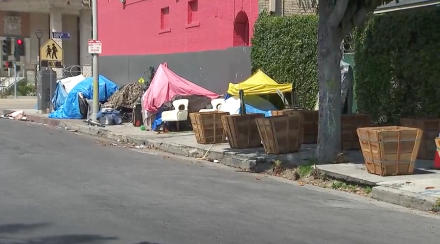 Businesses in Hollywood along Sunset Boulevard paid to install planters on the sidewalks to deter homeless encampments. These images were shot on May 12, 2024. (KTLA)