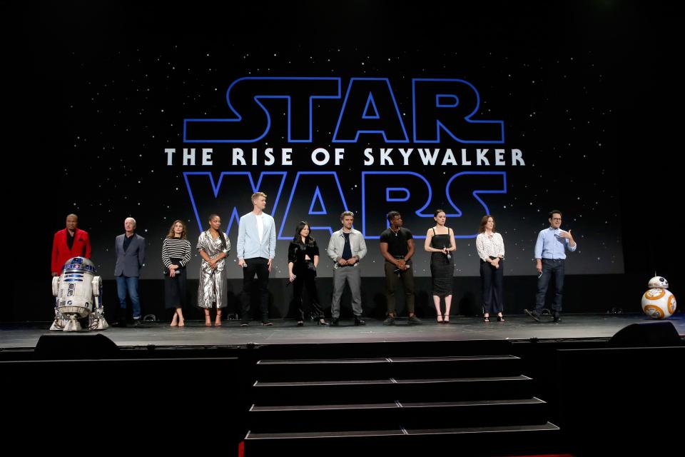 Billy Dee Williams (from left), Anthony Daniels, Keri Russell, Naomi Ackie, Joonas Suotamo, Kelly Marie Tran, Oscar Isaac, John Boyega, Daisy Ridley, Lucasfilm president Kathleen Kennedy and director/producer/writer J.J. Abrams of 