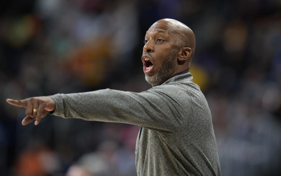 Portland Trail Blazers head coach Chauncey Billups directs his team against the Denver Nuggets in the first half of an NBA basketball game Friday, Dec. 23, 2022, in Denver. (AP Photo/David Zalubowski)