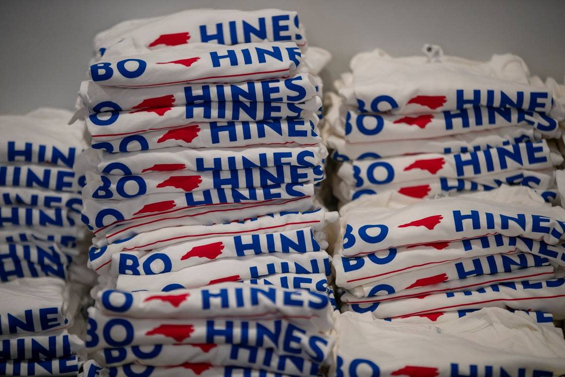 A stack of Bo Hines t-shirts a his election night gathering for supporters at the Norris House on Tuesday, November 8, 2022 in Raleigh, N.C. Robert Willett/rwillett@newsobserver.com