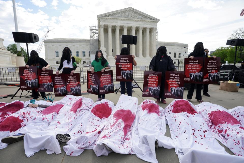 Abortion rights supporters stage a "die-in" protest in support of reproductive rights and emergency abortion care, on the day the Supreme Court justices hear oral arguments over the legality of Idaho's Republican-backed, near-total abortion ban in medical-emergency situations, in Washington, U.S., April 24, 2024.