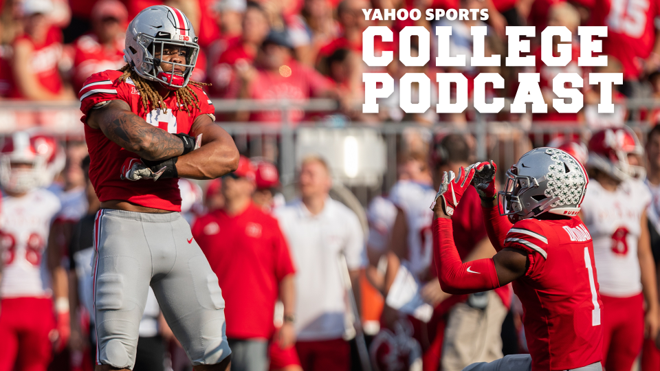 COLUMBUS, OH - SEPTEMBER 21: Jeff Okudah #1 of the Ohio State Buckeyes acts out taking a photo of Chase Young #2 of the Ohio State Buckeyes reacting to a play during game action between the Ohio State Buckeyes and the Miami Redhawks on September 21, 2019, at Ohio Stadium in Columbus, OH. Young is beginning to garner Heisman talk with his recent standout play. (Photo by Adam Lacy/Icon Sportswire via Getty Images)