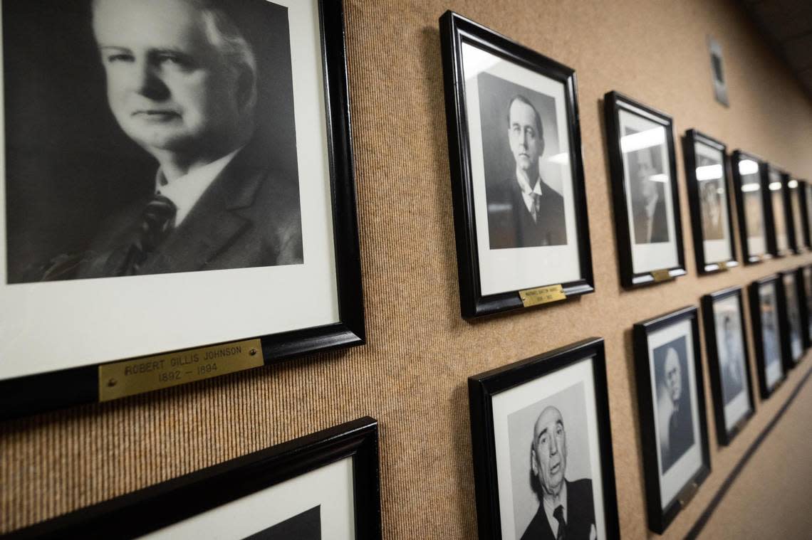 A wall of portraits of former Tarrant County judges displayed on the fifth floor of the Tarrant County Administration Building in downtown Fort Worth.