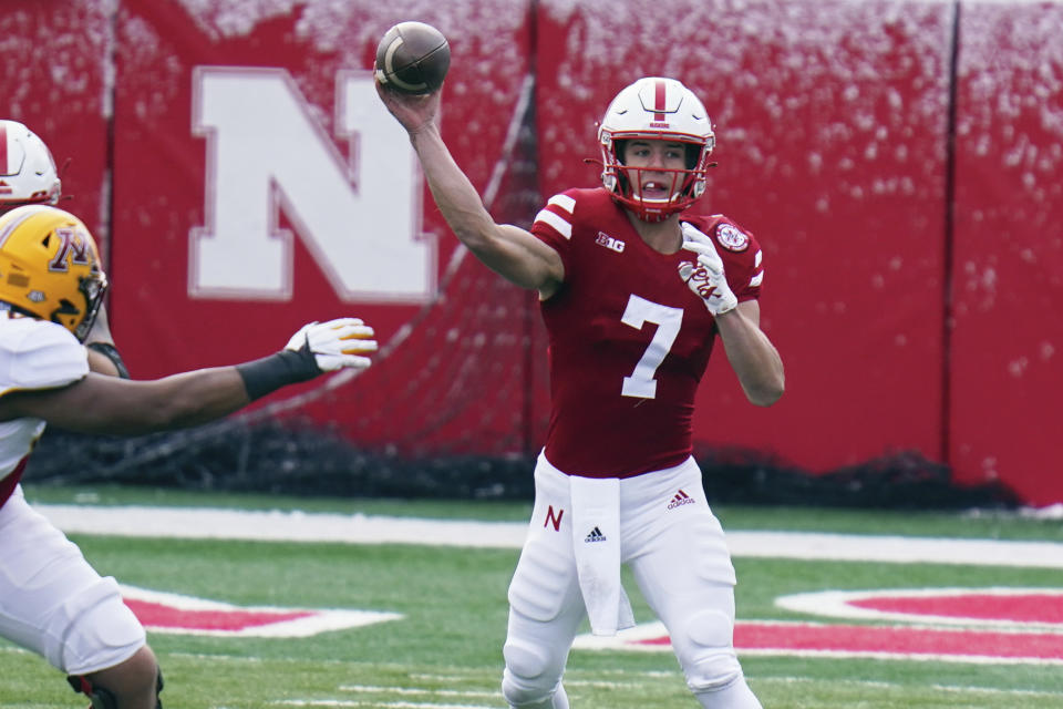 Nebraska quarterback Luke McCaffrey (7) throws during the first half of an NCAA college football game against Minnesota in Lincoln, Neb., Saturday, Dec. 12, 2020. (AP Photo/Nati Harnik)