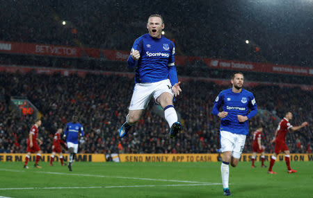 Soccer Football - Premier League - Liverpool vs Everton - Anfield, Liverpool, Britain - December 10, 2017 Everton's Wayne Rooney celebrates scoring their first goal Action Images via Reuters/Lee Smith